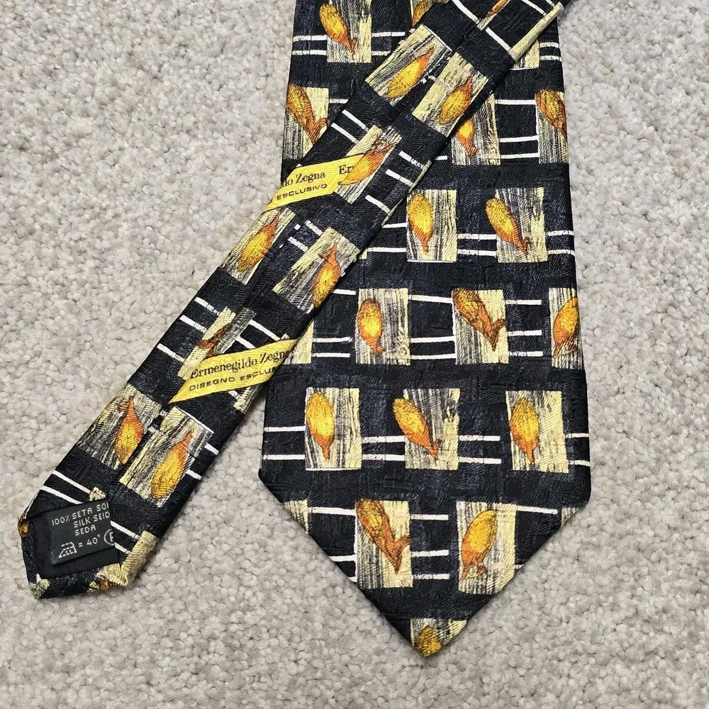 Ermenegildo Zegna 100% Silk Tie‎ Black Gold Abstract Leaf Italy Luxury